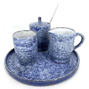 Spongeware Pottery Tea Coffee Serveware Set 4 Piece Set Signed Vintage
